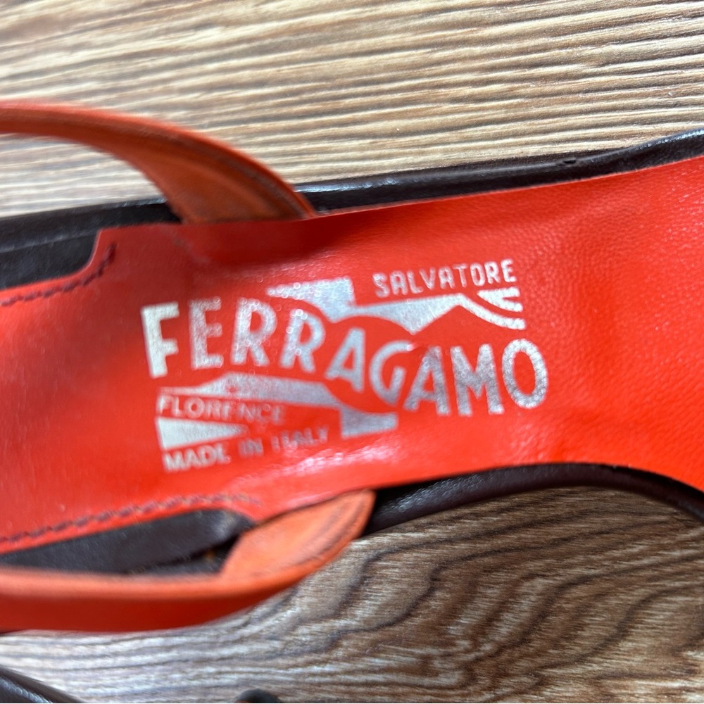 Salvatore Ferragamo Kitten Slingback Heels Orange Brown Leather Size 7.5 - Picture 5 of 9